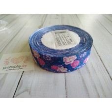 Лента репсовая 25 мм "Пионы на синем"